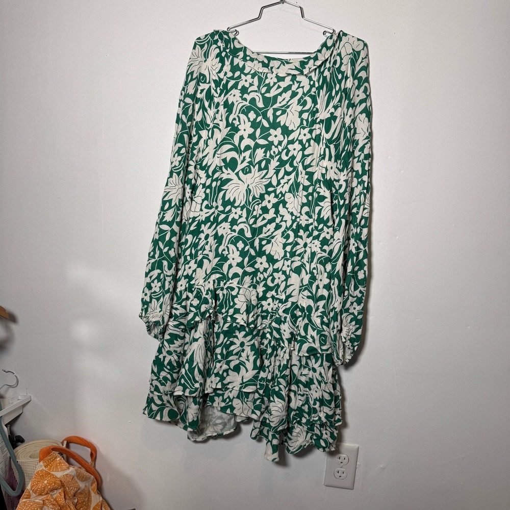 Free People Green White Floral Ruffle V-Neck Tiered Mini Dress Long Sleeve Large - Picture 5 of 6